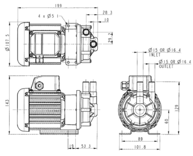 Totton GP 25/5, Kreiselpumpe mit Magnetkupplung, Abmessungen
