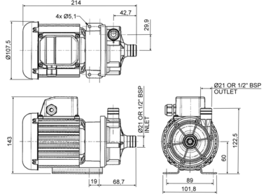 Totton GP 50/7, Kreiselpumpe mit Magnetkupplung, Abmessungen