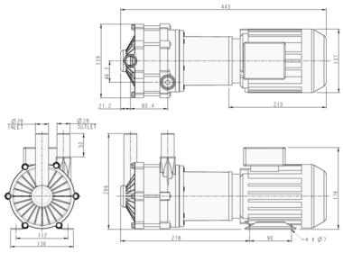 Totton NEMP 50/25, mehrstufige Kreiselpumpe mit Magnetkupplung, Abmessungen